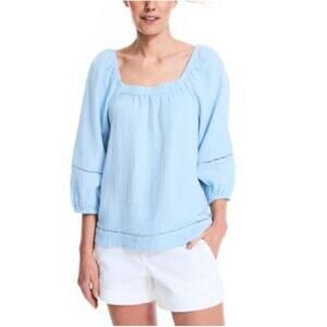 Nautica Women's Blue Puff Sleeve Square Neck Peasant Top Size Medium 100% Cotton